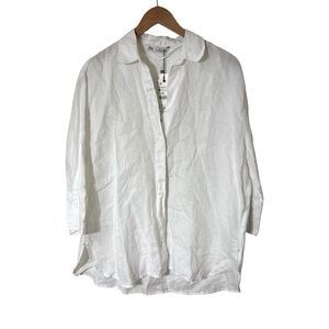 Zara Crisp White Linen, split high low hem button up shirt Size Medium